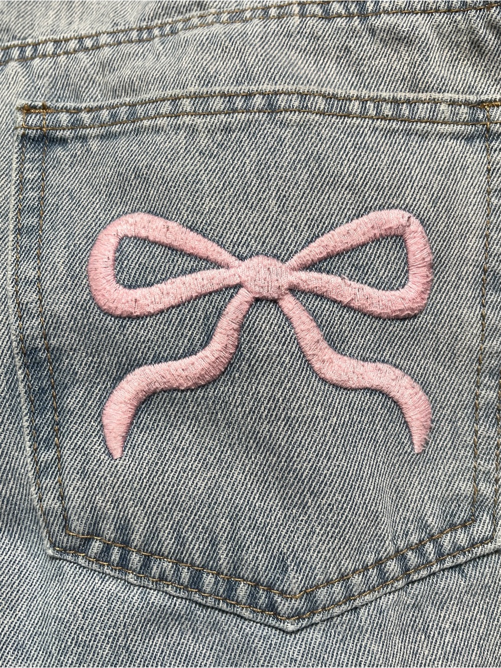 $98 Edikted Wide Leg Baggy Denim Jeans Pink Bows on Pockets Size Medium - Picture 9 of 10